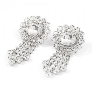 Gem Centered Floral Style Women Rhinestone Tassel Wholesale Earrings - Silver