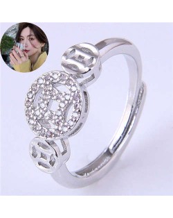 Vintage Fashion Chinese Ancient Coin Design Women Copper Ring - Silver