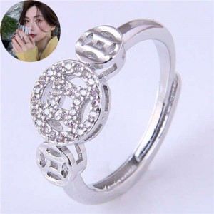 Vintage Fashion Chinese Ancient Coin Design Women Copper Ring - Silver