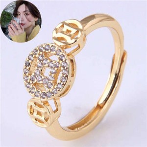 Vintage Fashion Chinese Ancient Coin Design Women Copper Ring - Golden
