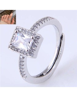 Cubic Zirconia Embellished Four Claws Korean Fashion Women Ring - Silver