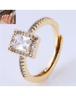 Cubic Zirconia Embellished Four Claws Korean Fashion Women Ring - Golden