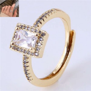Cubic Zirconia Embellished Four Claws Korean Fashion Women Ring - Golden