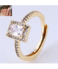 Cubic Zirconia Embellished Four Claws Korean Fashion Women Ring - Golden