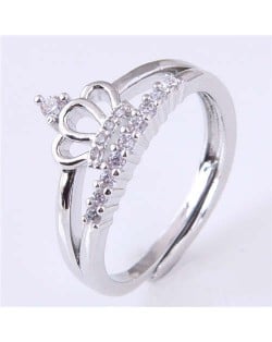 Cubic Zirconia Embellished Crown Design Korean Fashion Women Wholesale Ring - Silver