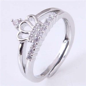 Cubic Zirconia Embellished Crown Design Korean Fashion Women Wholesale Ring - Silver