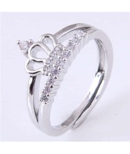 Cubic Zirconia Embellished Crown Design Korean Fashion Women Wholesale Ring - Silver