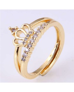 Cubic Zirconia Embellished Crown Design Korean Fashion Women Wholesale Ring - Golden