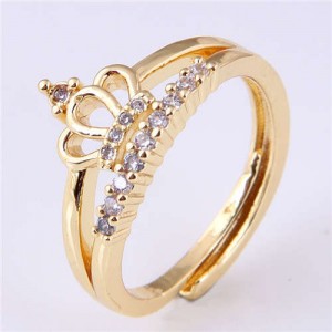 Cubic Zirconia Embellished Crown Design Korean Fashion Women Wholesale Ring - Golden
