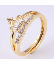 Cubic Zirconia Embellished Crown Design Korean Fashion Women Wholesale Ring - Golden