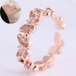 Cubic Zirconia Inlaid Butterfly Theme Copper Ring - Rose Gold