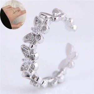 Cubic Zirconia Inlaid Butterfly Theme Copper Ring - Silver