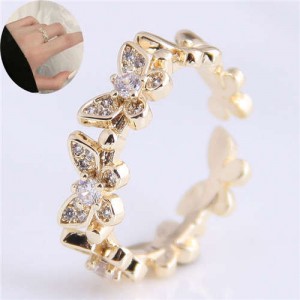Cubic Zirconia Inlaid Butterfly Theme Copper Ring - Golden