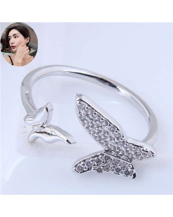 Cubic Zirconia Butterflies High Fashion Open Ring - Silver