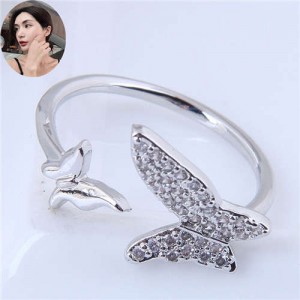 Cubic Zirconia Butterflies High Fashion Open Ring - Silver