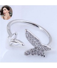 Cubic Zirconia Butterflies High Fashion Open Ring - Silver