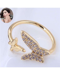 Cubic Zirconia Butterflies High Fashion Open Ring - Golden