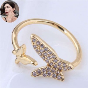 Cubic Zirconia Butterflies High Fashion Open Ring - Golden
