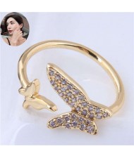 Cubic Zirconia Butterflies High Fashion Open Ring - Golden