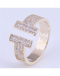 Cubic Zirconia Embellished Super Shining Style High Fashion Women Open Ring - Golden