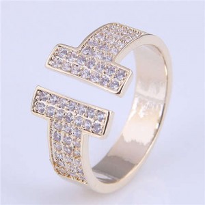 Cubic Zirconia Embellished Super Shining Style High Fashion Women Open Ring - Golden