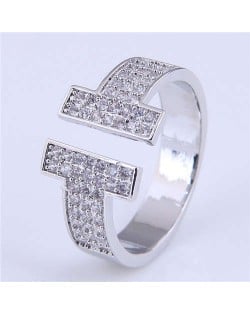 Cubic Zirconia Embellished Super Shining Style High Fashion Women Open Ring - Silver