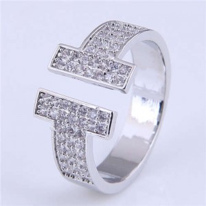 Cubic Zirconia Embellished Super Shining Style High Fashion Women Open Ring - Silver