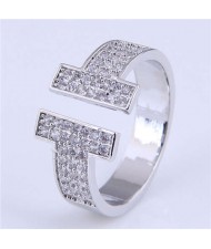 Cubic Zirconia Embellished Super Shining Style High Fashion Women Open Ring - Silver