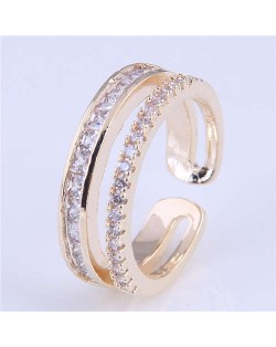 Cubic Zirconia Decorated Dual Layers High Fashion Women Wholesale Ring - Golden