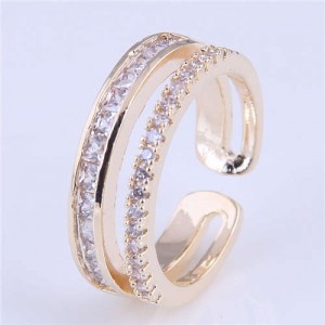 Cubic Zirconia Decorated Dual Layers High Fashion Women Wholesale Ring - Golden