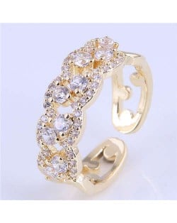 Cubic Zirconia Inlaid Hollow Floral Pattern Korean Fashion Women Ring - Golden