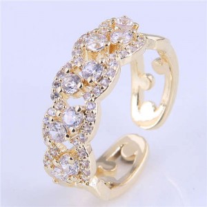 Cubic Zirconia Inlaid Hollow Floral Pattern Korean Fashion Women Ring - Golden