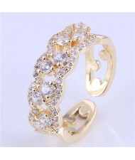 Cubic Zirconia Inlaid Hollow Floral Pattern Korean Fashion Women Ring - Golden