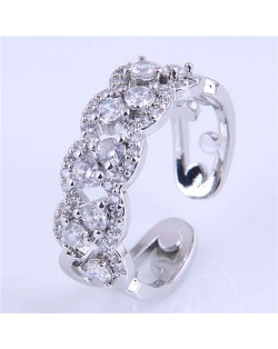 Cubic Zirconia Inlaid Hollow Floral Pattern Korean Fashion Women Ring - Silver