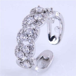 Cubic Zirconia Inlaid Hollow Floral Pattern Korean Fashion Women Ring - Silver