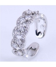 Cubic Zirconia Inlaid Hollow Floral Pattern Korean Fashion Women Ring - Silver