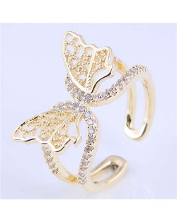 Cubic Zirconia Embellished Gorgeous Butterfly Design Hollow Fashion Women Wholesale Ring - Golden
