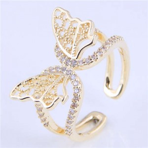 Cubic Zirconia Embellished Gorgeous Butterfly Design Hollow Fashion Women Wholesale Ring - Golden