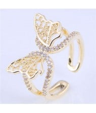 Cubic Zirconia Embellished Gorgeous Butterfly Design Hollow Fashion Women Wholesale Ring - Golden