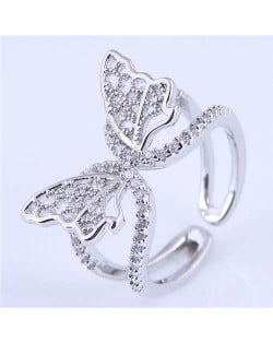 Cubic Zirconia Embellished Gorgeous Butterfly Design Hollow Fashion Women Wholesale Ring - Silver