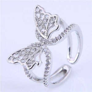 Cubic Zirconia Embellished Gorgeous Butterfly Design Hollow Fashion Women Wholesale Ring - Silver