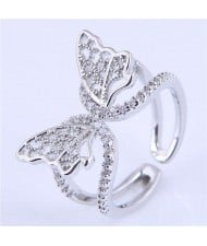 Cubic Zirconia Embellished Gorgeous Butterfly Design Hollow Fashion Women Wholesale Ring - Silver