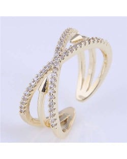Rivet Inlaid Dual Layers Korean Fashion Women Wholesale Ring - Golden