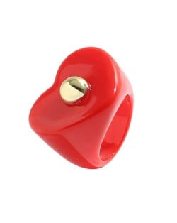 Golden Ball Embellished Heart Design Acrylic Women Wholesale Fashion Ring - Red