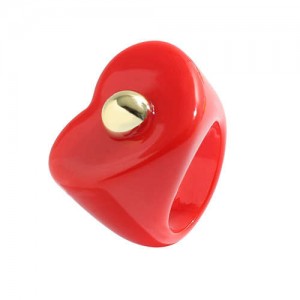 Golden Ball Embellished Heart Design Acrylic Women Wholesale Fashion Ring - Red