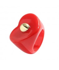 Golden Ball Embellished Heart Design Acrylic Women Wholesale Fashion Ring - Red