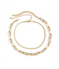 Vintage Snake Chain and Linked Chain Combo High Fashion Costume Necklace - Golden