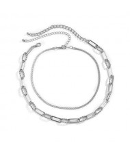 Vintage Snake Chain and Linked Chain Combo High Fashion Costume Necklace - Silver