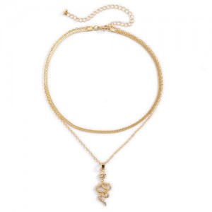 Golden Snake Pendant Vintage Dual Layers Design High Fashion Women Necklace