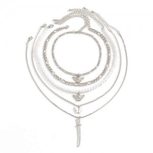 Golden Angel and Butterfly Pendants Combo Chains Western Fashion Necklace - Silver